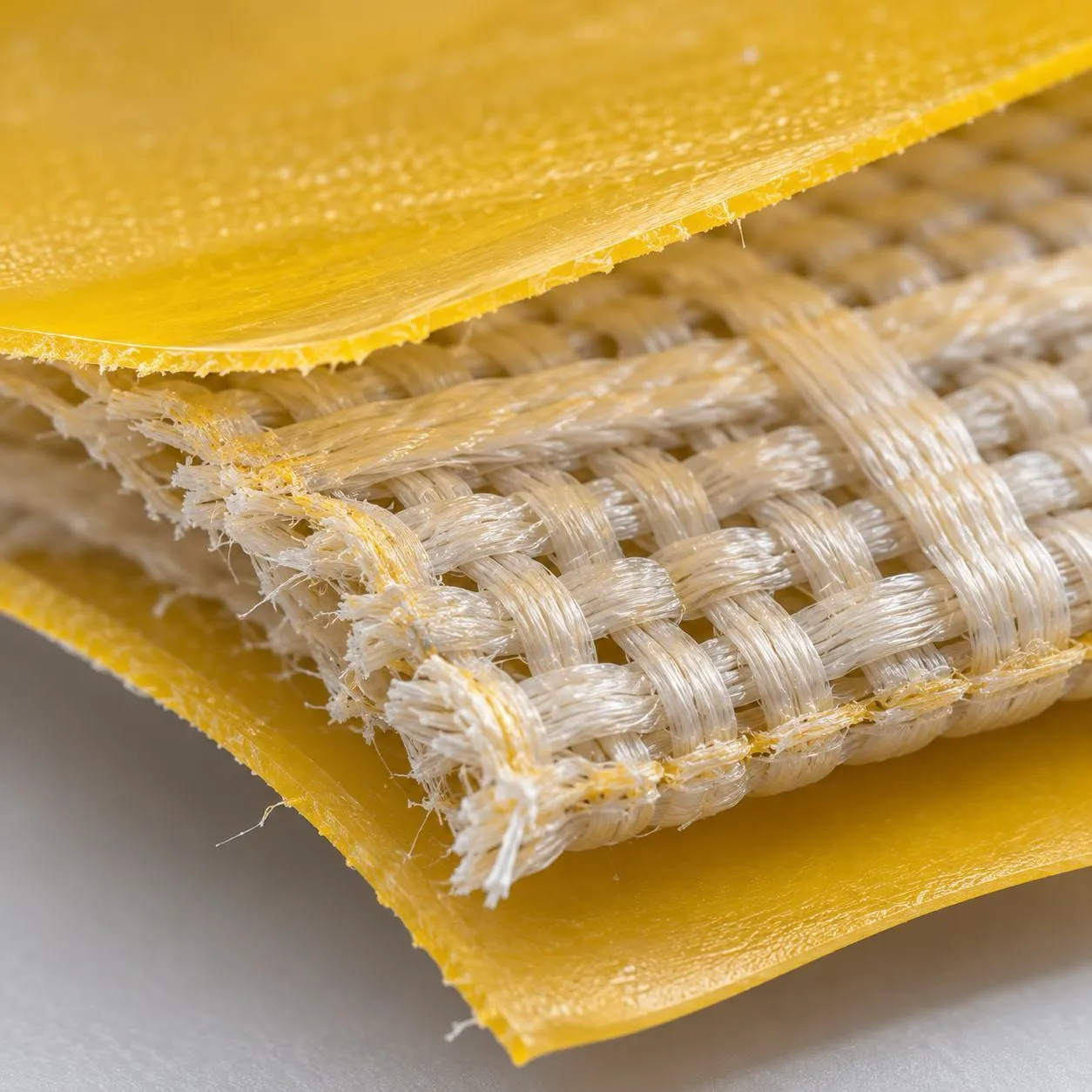 Corte de la lona técnica mostrando el tejido RipStop de poliéster bajo el recubrimiento amarillo de PVC