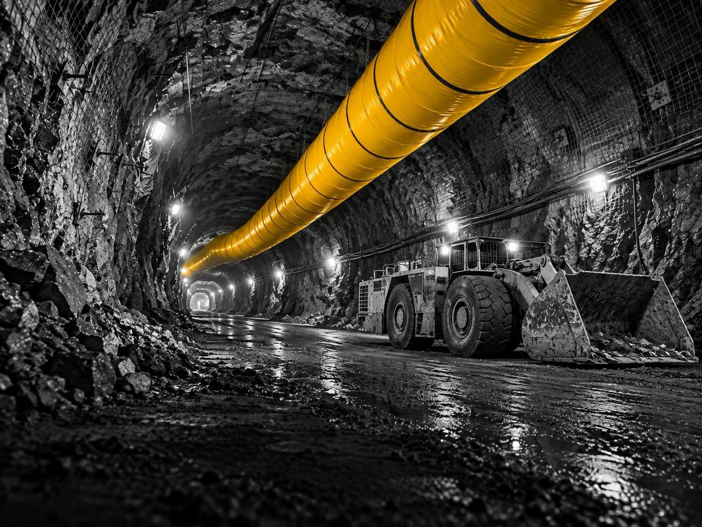 Túnel de mina subterránea con un ducto de ventilación amarillo a lo largo del techo y un cargador de bajo perfil